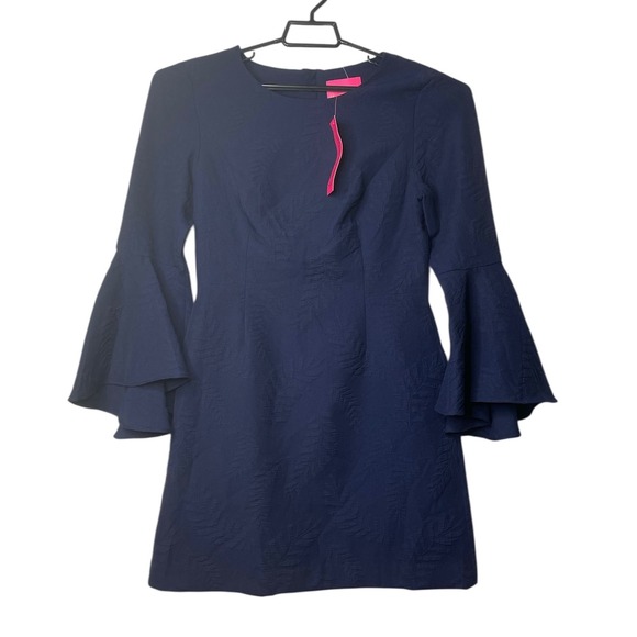 Lilly Pulitzer Kayla Dress Bell Sleeve Stretch Jacquard True Navy Size 8 - Picture 1 of 13